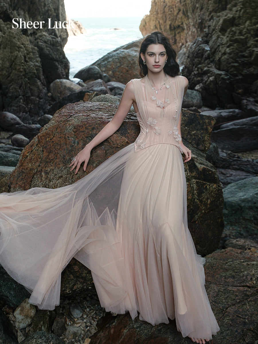 SHEERLUCK SLLYQ26107 Lace fishbone halter neck dress