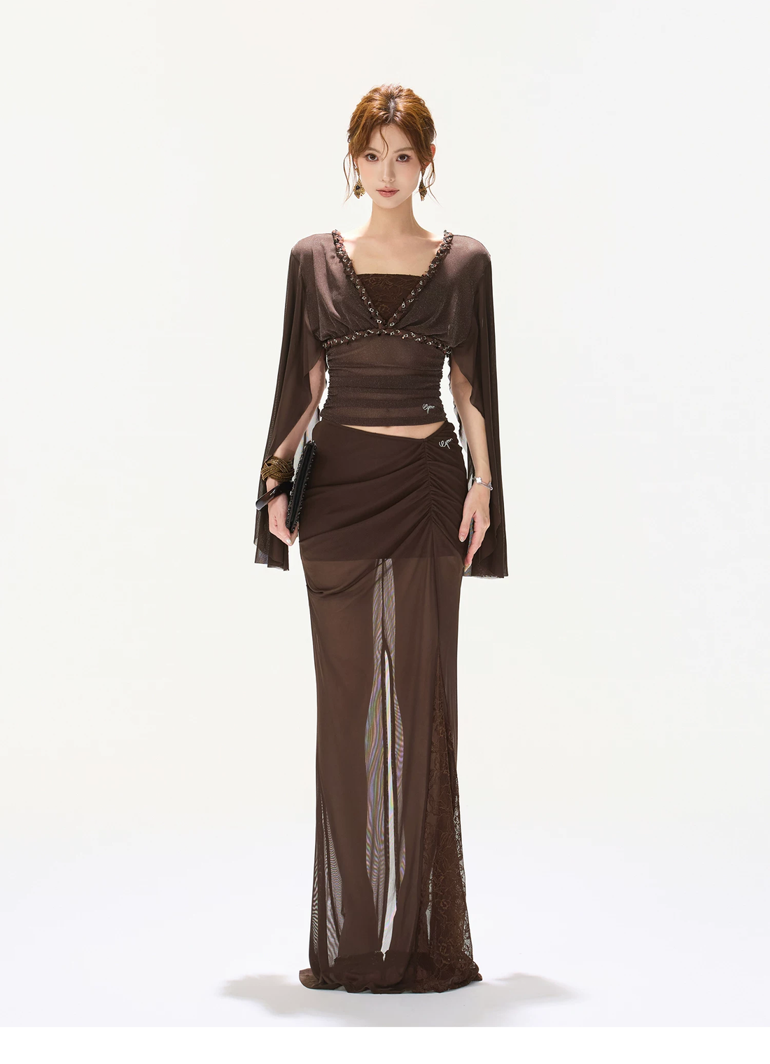 CYNR Rhinestone V-Neck Mesh Flutter Sleeve Top &amp; Mermaid Fishtail Skirt