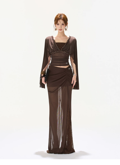 CYNR Rhinestone V-Neck Mesh Flutter Sleeve Top &amp; Mermaid Fishtail Skirt