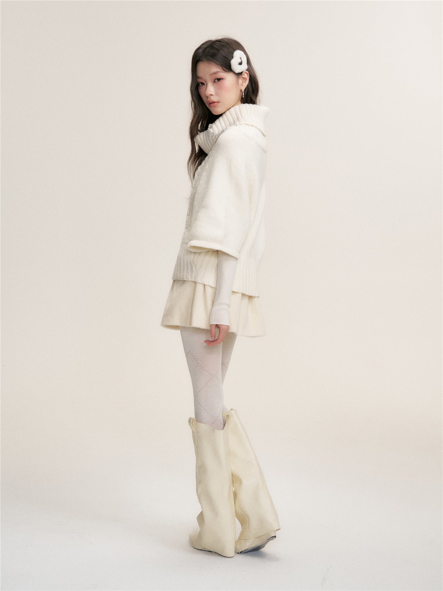 16DEWS 16D25443&amp;16D25444 Texture knitted cape pullover sweater + skirt set