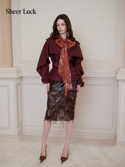 SHEERLUCK SLFY26751 Hourglass Cape Cropped Trench Coat-Bordeaux Red