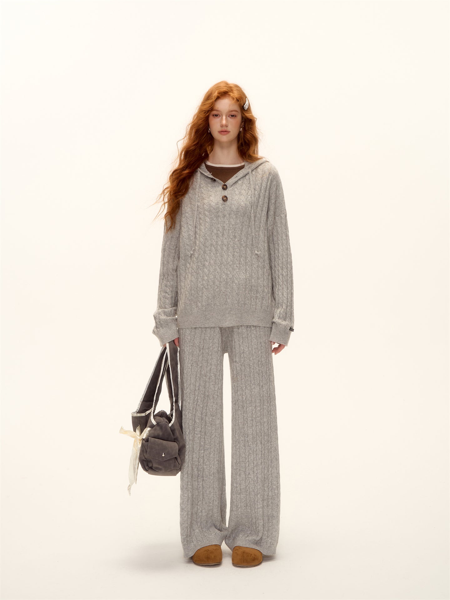 AsGony ASG25490&amp;ASG25521 Wool pullover hooded button twisted knit sweater + pants