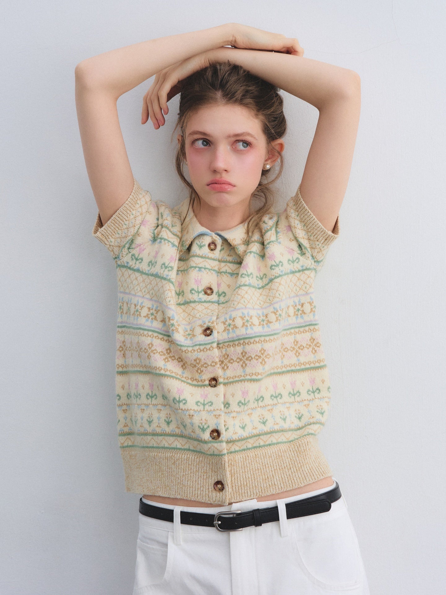 AsGony ASG25659 Fel Island wool jacquard knitted short sleeved top