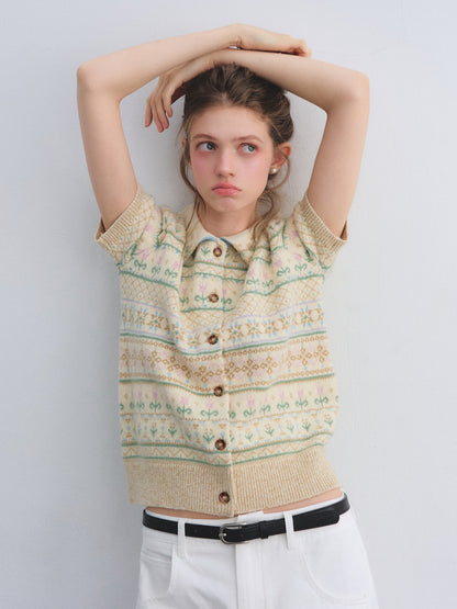 AsGony ASG25659 Fel Island wool jacquard knitted short sleeved top