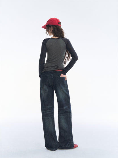 Asgony ASG26551 Low-Rise Straight-Leg Jeans with Red Belt