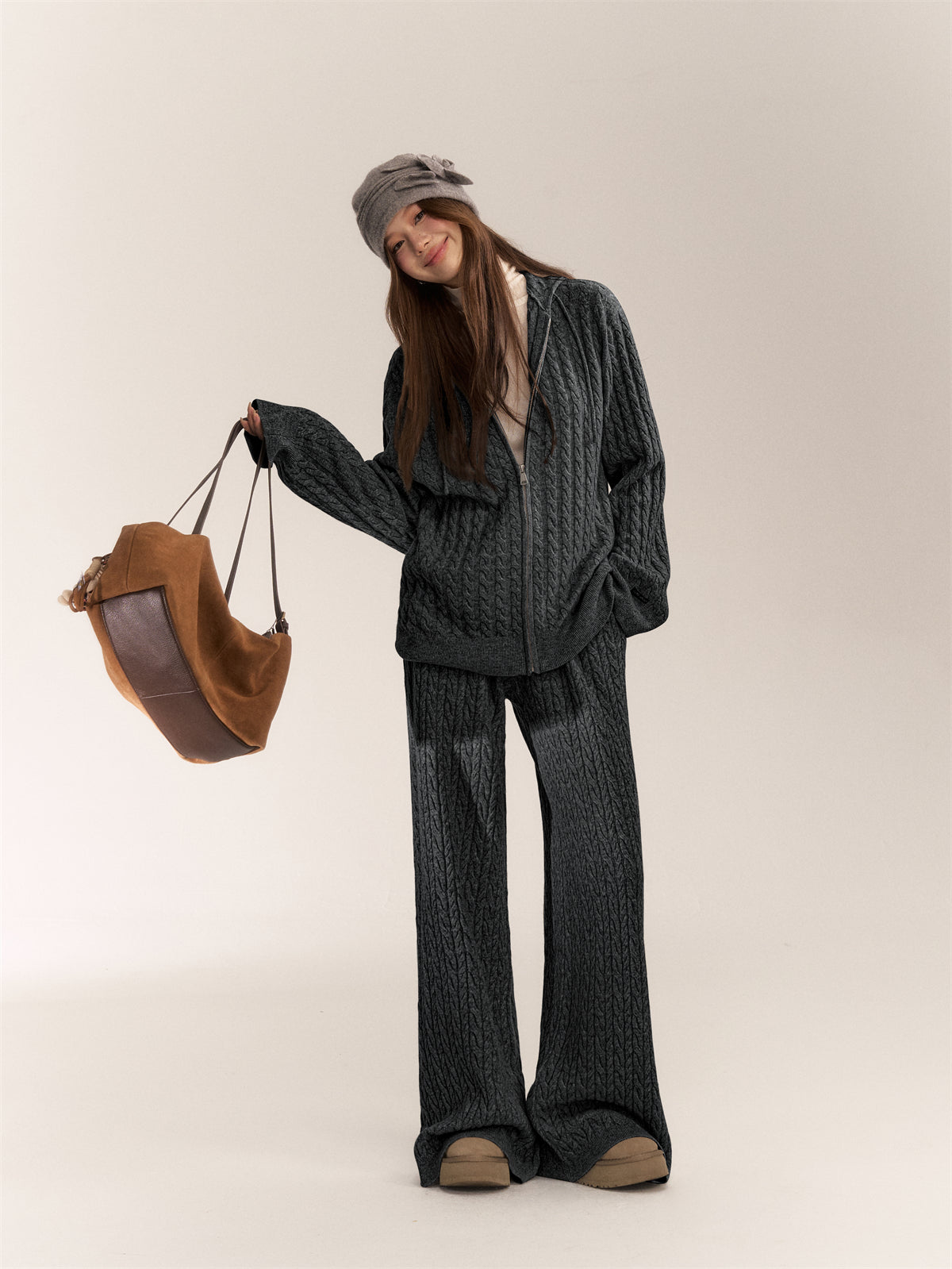 AsGony [Best Seller]  ASG24639 24653 Wool blend knitted top and slacks set