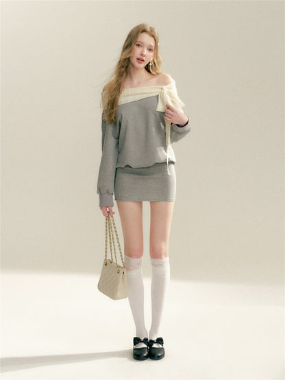 16DEWS 16D26052 Off shoulder bow waist bodycon dress