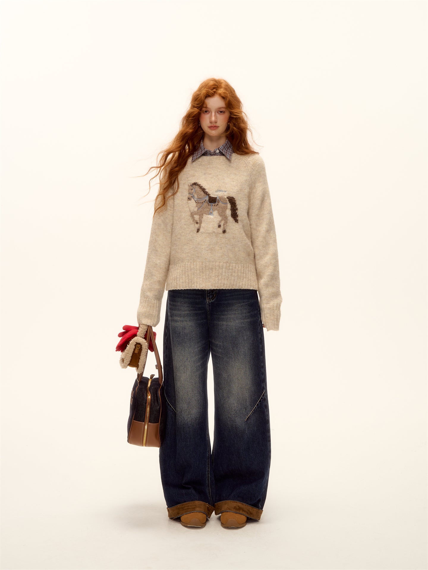 AsGony ASG25480 Wool pony jacquard embroidered round neck sweater