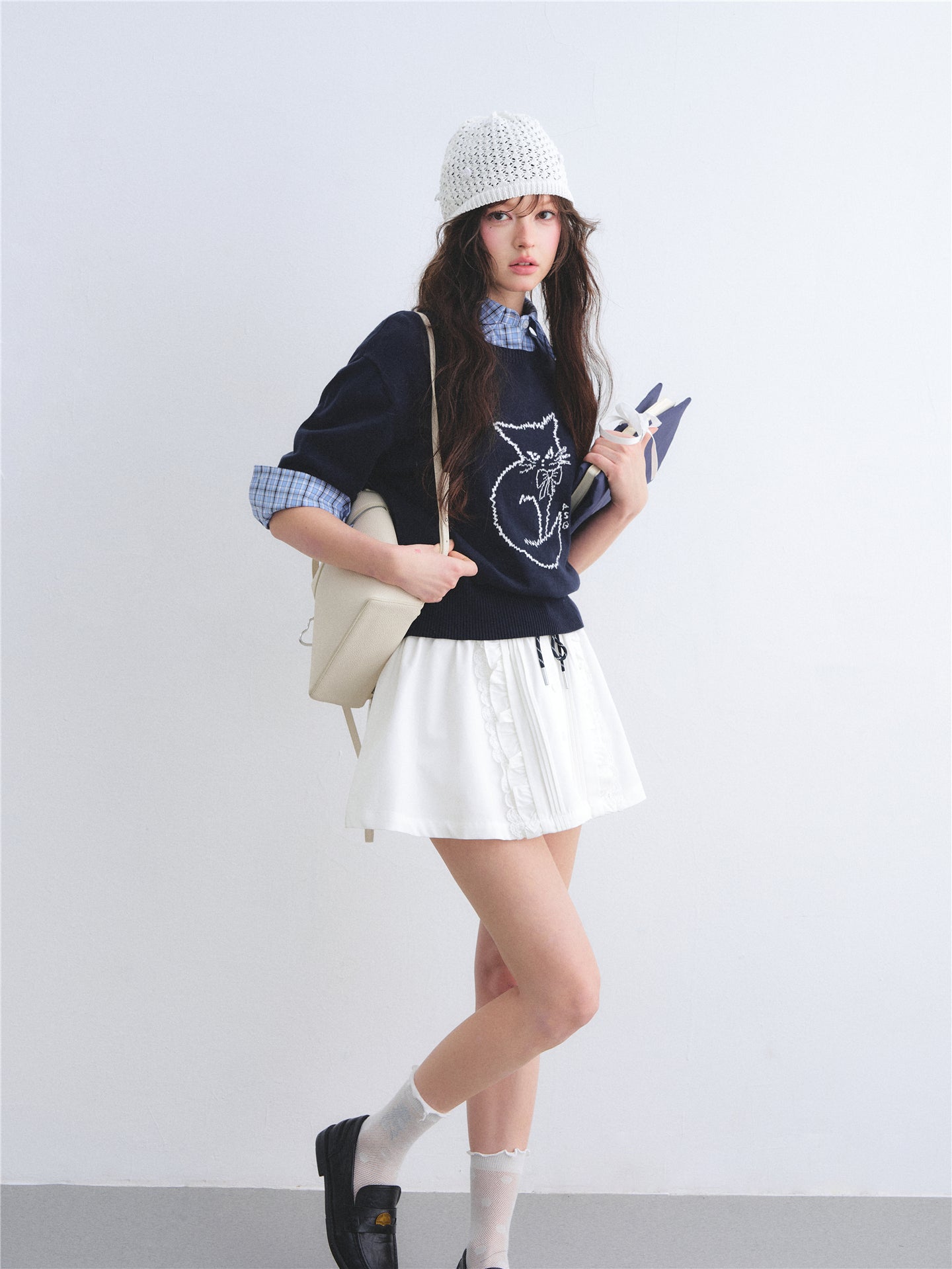 AsGony ASG26005 Round-neck jacquard cat print short-sleeved knit pullover
