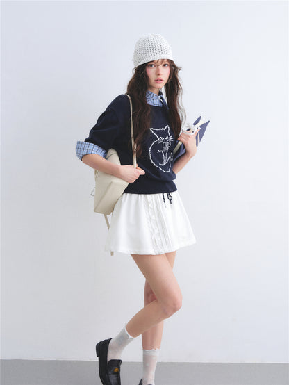 AsGony ASG26005 Round-neck jacquard cat print short-sleeved knit pullover