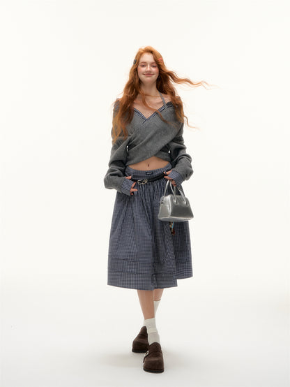 AsGony ASG25413 Plaid pleated midi skirt