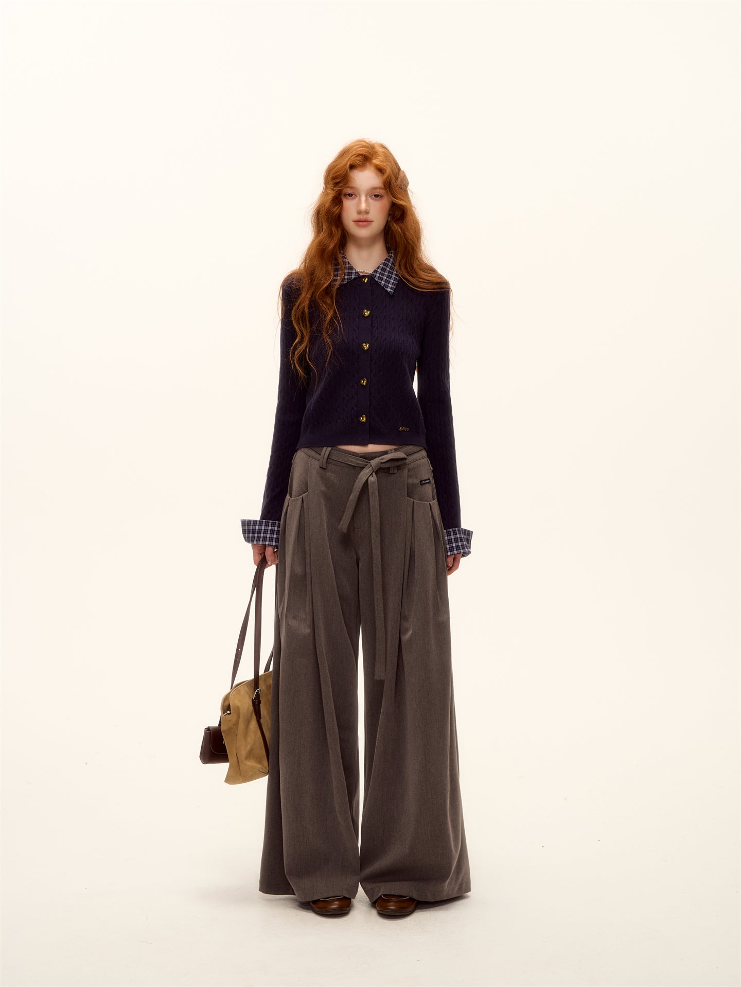 AsGony ASG25486 Pleated decorative strap wide leg pants