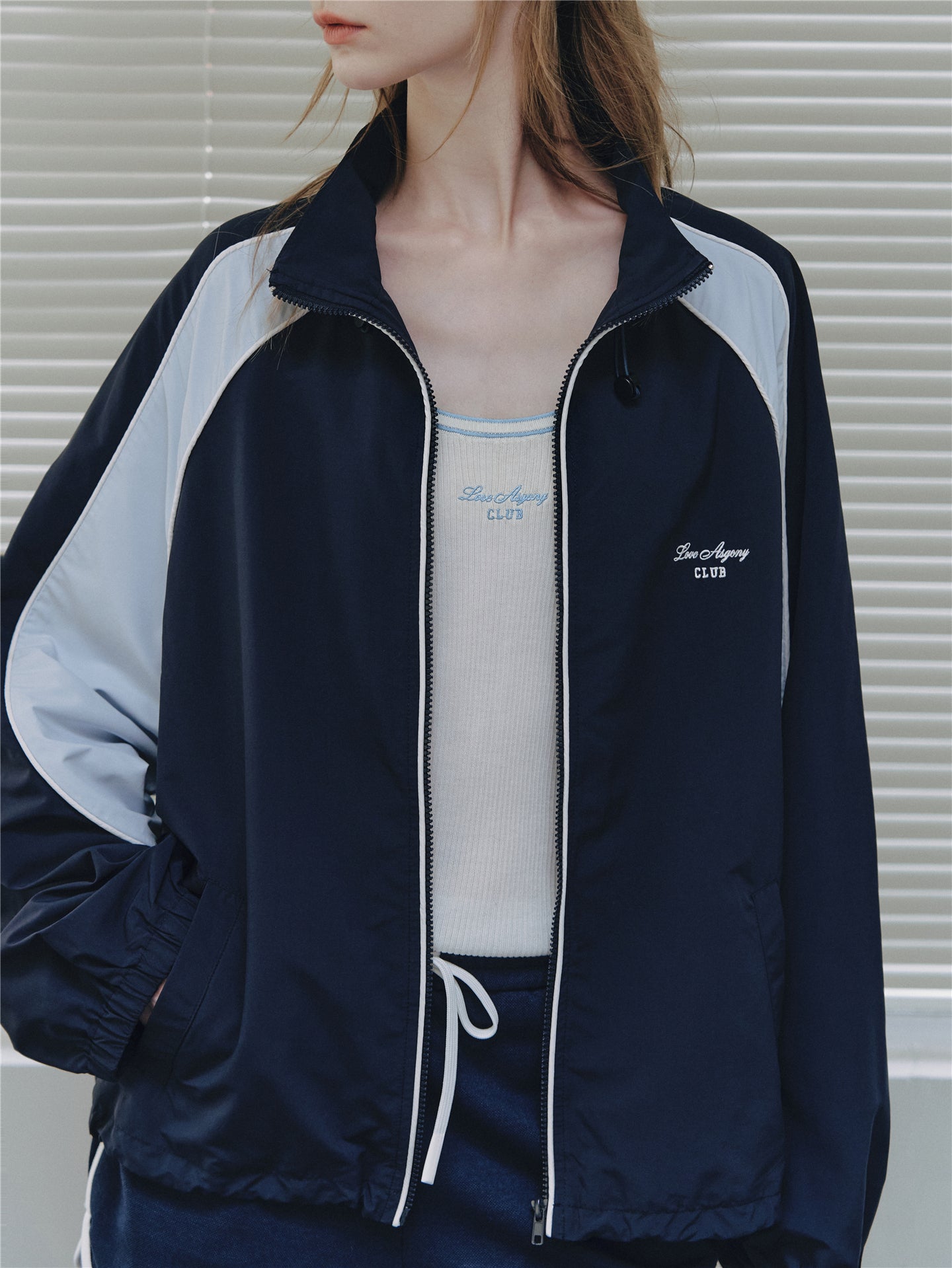 Asgony ASG26545 Contrast Patchwork Stand Collar Drawstring Sports Jacket