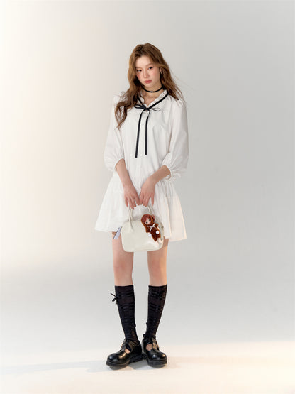 AsGony ASG24717 Bow tie shirt pleated dress