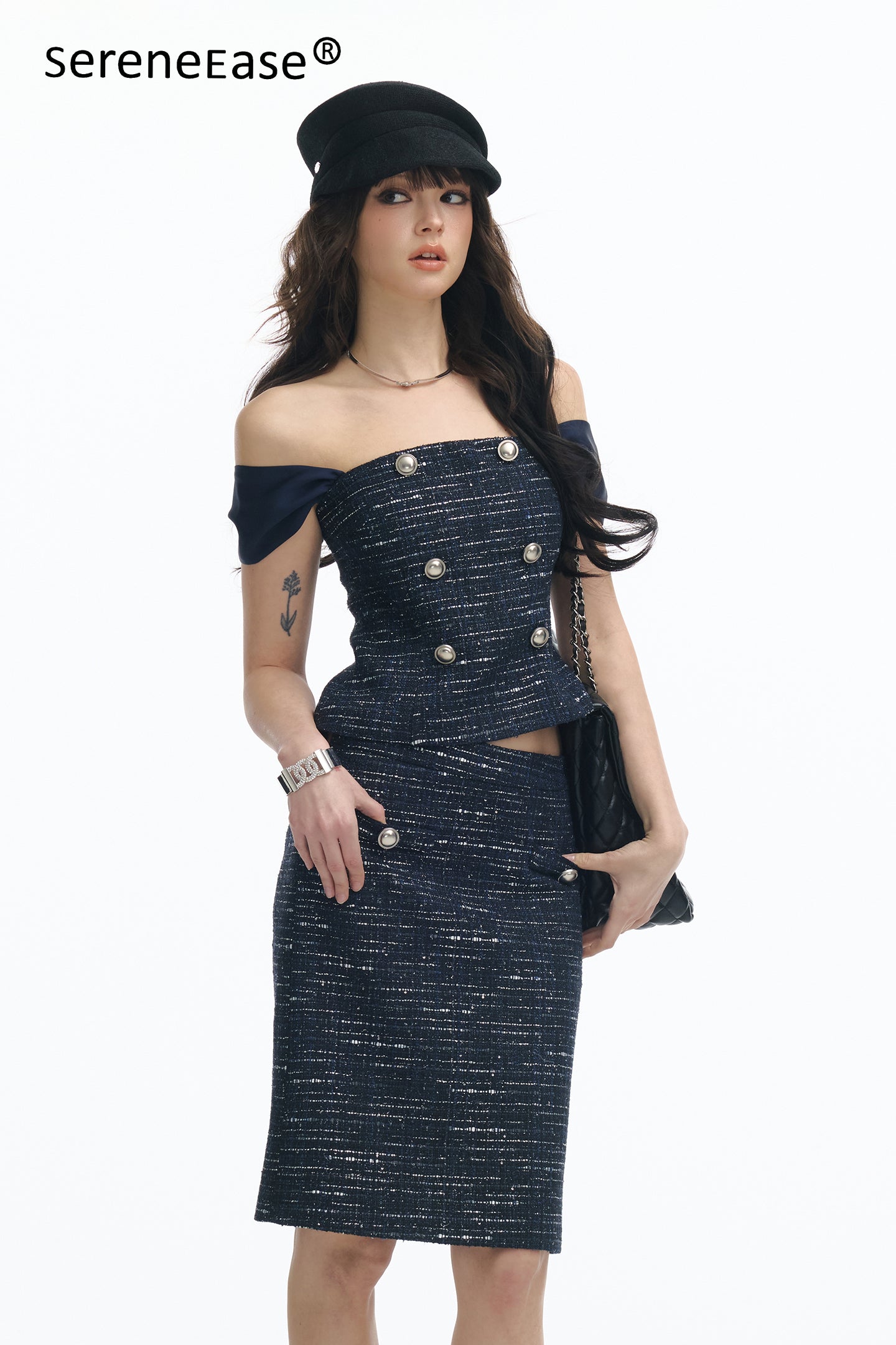 Serene Ease Off shoulder double breasted top + skirt