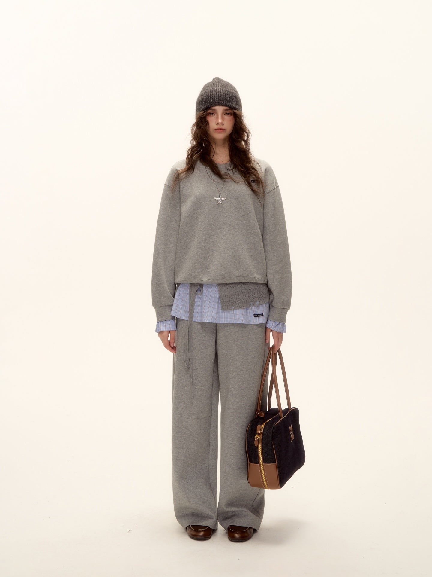 AsGony ASG25509&amp;ASG25510 Cuff plaid patchwork round neck pullover hoodie + pants set