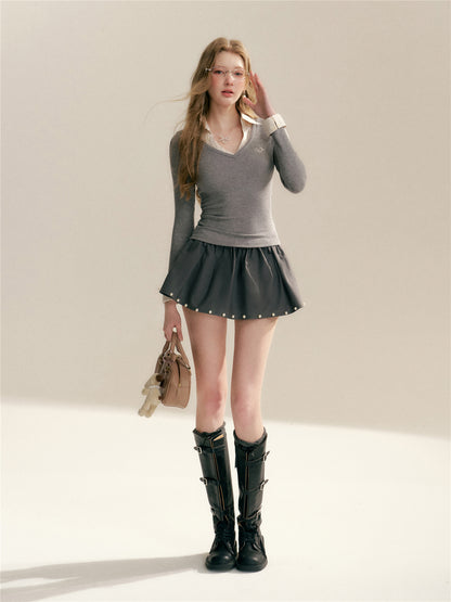 16DEWS 16D26041 Contrast striped patchwork V-neck top