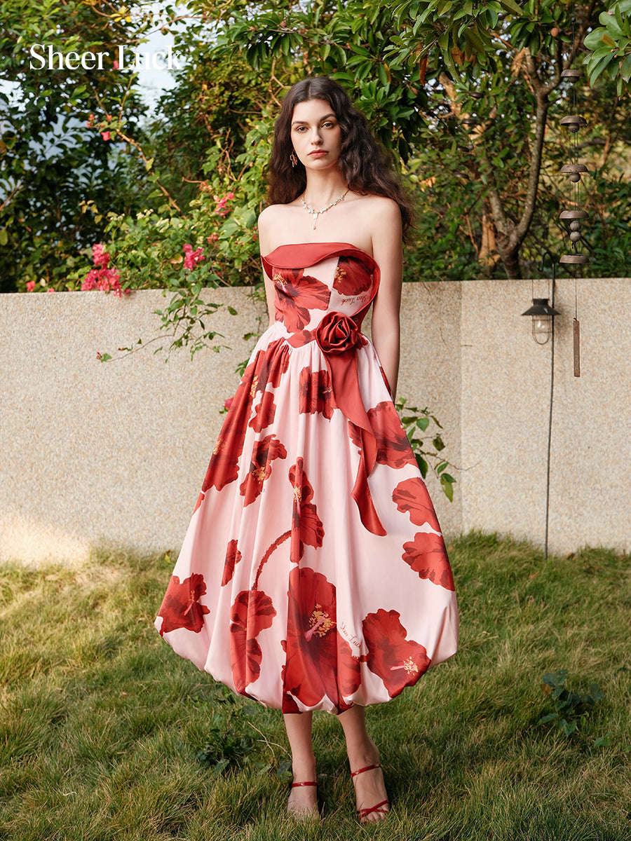 SHEERLUCK SLLYQ26313 Satin printed holiday style floral bud dress