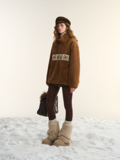 AsGony ASG25542 Crochet flower particle velvet zipper hoodie