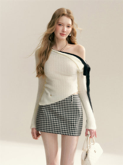 16DEWS 16D26008 Classic black and white grid spun wool A-line skirt