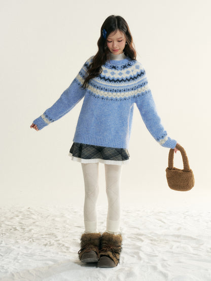 16DEWS 16D25511 Fair Isle Cable Knit Crewneck Sweater