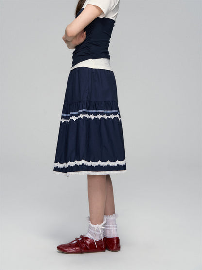 AsGony ASG25109 Elastic lace A-line skirt