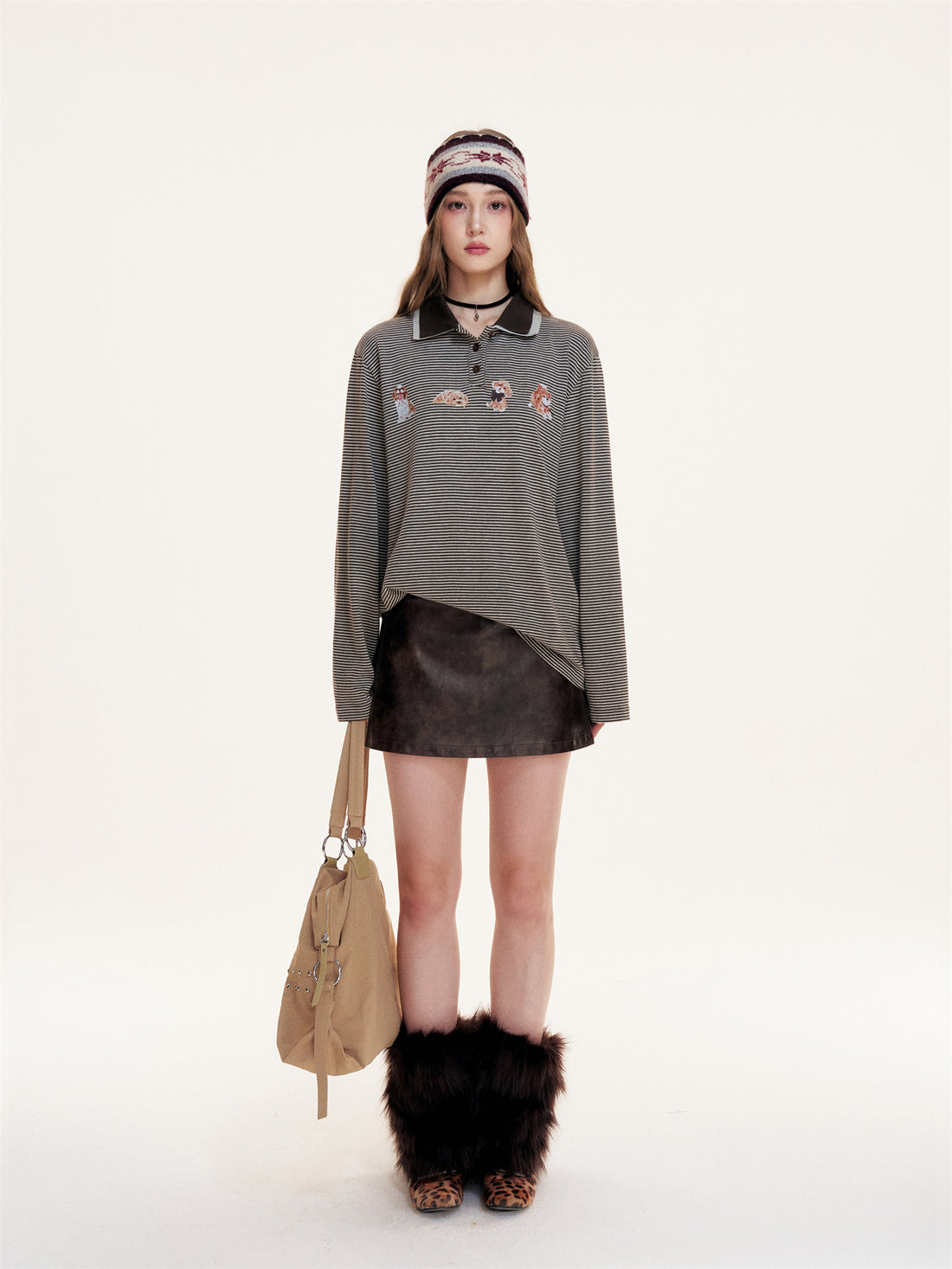 16DEWS 16D25403 Dog print double-layer collar design striped top