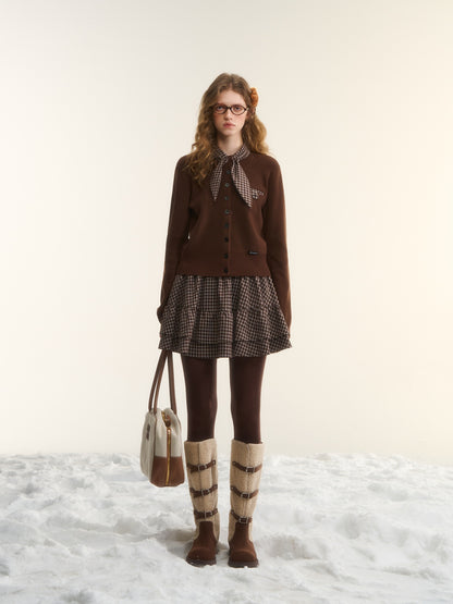 AsGony ASG25535&amp;ASG25536 Wool rabbit ear strap grid splicing knitted top + skirt set