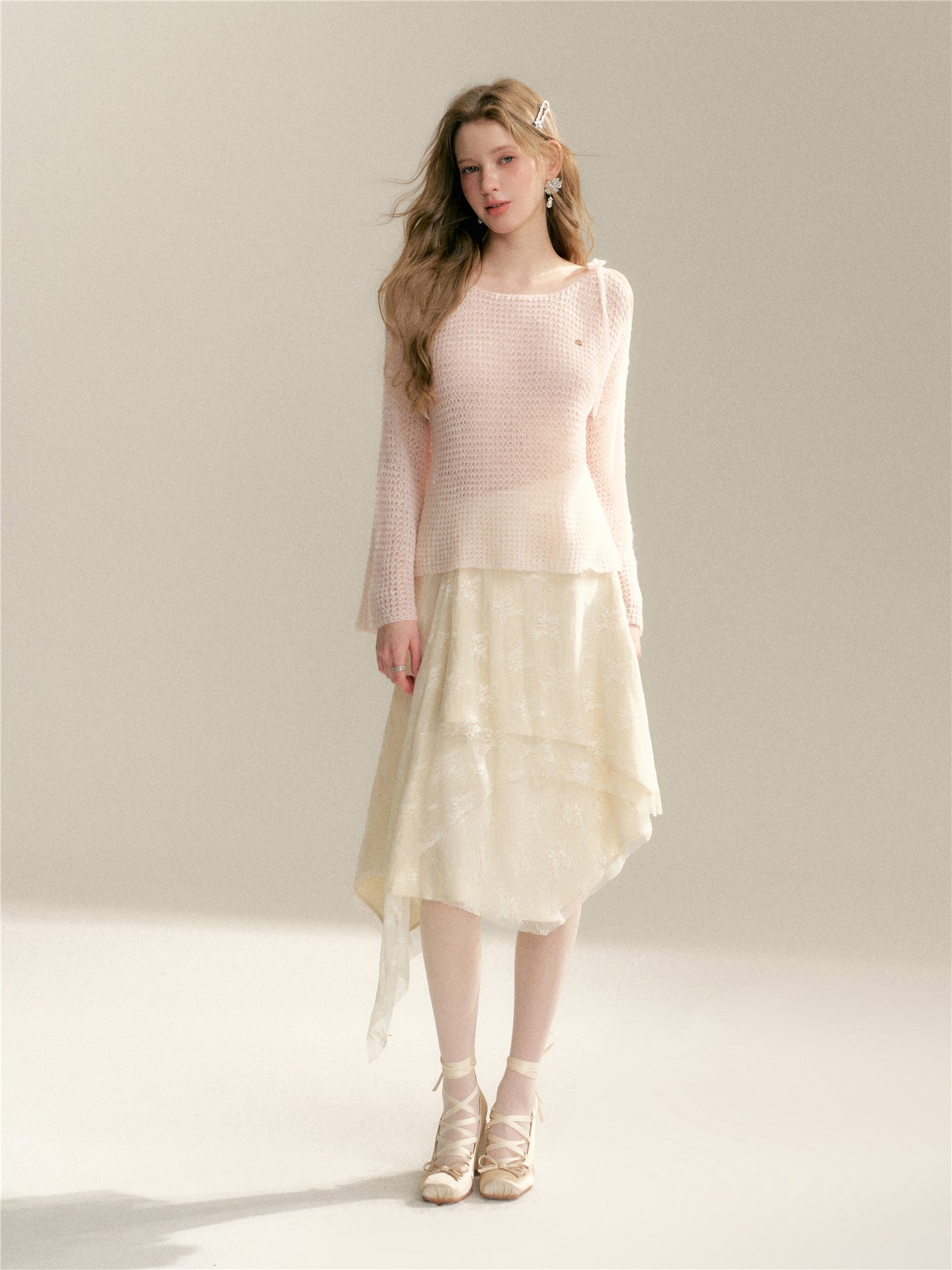 16DEWS 16D26048&amp;16D26049 Hollow out woolen lace up off shoulder knitted sweater + skirt set