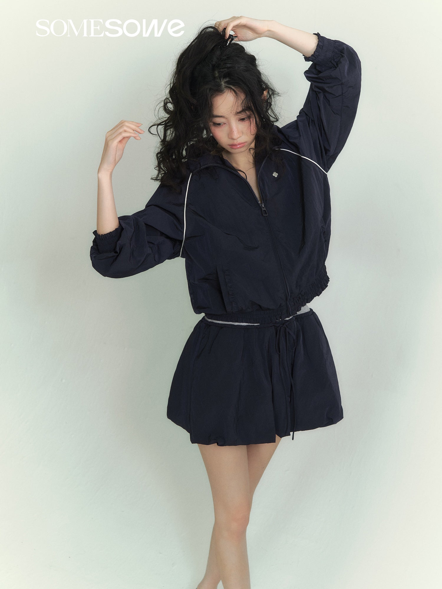 SOMESOWE S2609061&amp;S2609062 Splicing stand up collar casual jacket + floral camisole dress