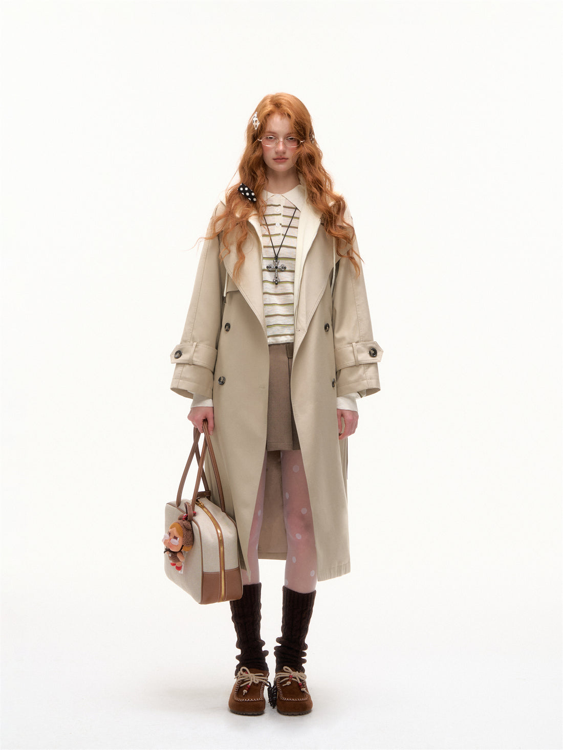 AsGony ASG25390 Fake two piece patchwork long windbreaker