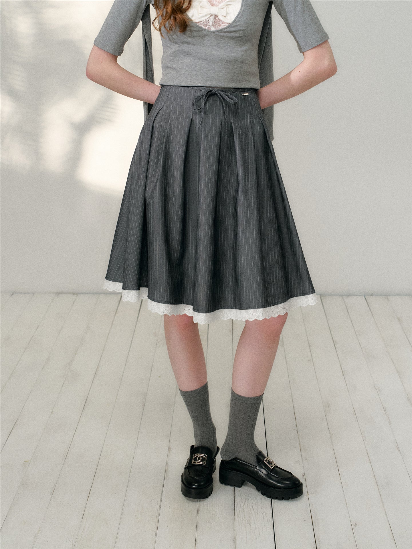 16DEWS 16D26131 Lace patchwork striped A-line large swing skirt