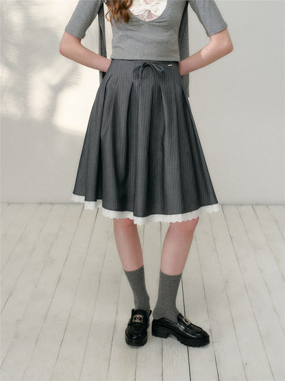 16DEWS 16D26131 Lace patchwork striped A-line large swing skirt