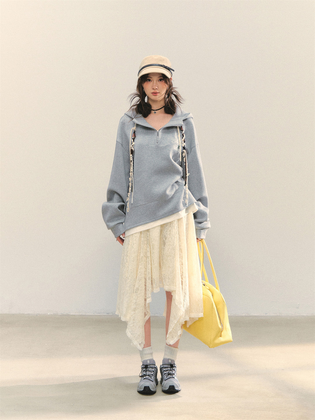 AsGony ASG25347 Flower embroidered casual loose pullover hoodie