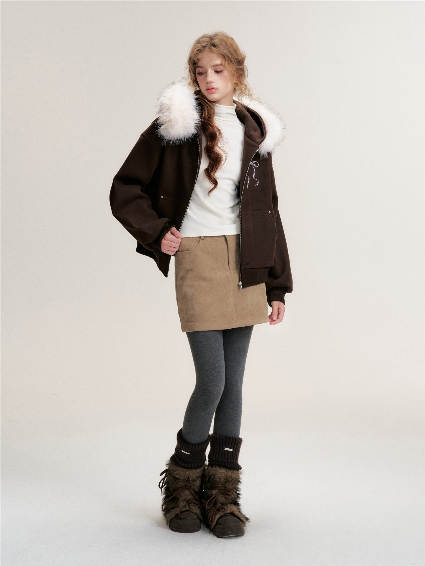 16DEWS 16D25487 Detachable faux fur collar woolen sweatshirt jacket