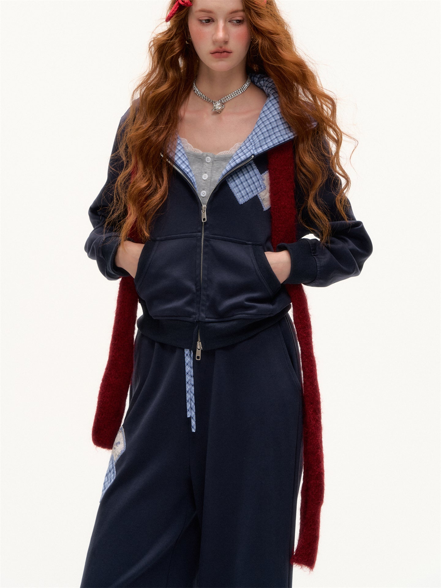 AsGony ASG25351&amp;ASG25352 Grid patchwork applique zip-up hoodie + pants set