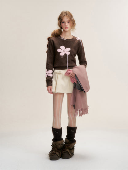 16DEWS 16D25439 Contrasting color round-neck long-sleeved sweater