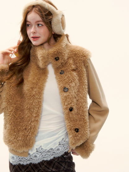 AsGony ASG25587 Environmentally friendly fur knitted stand up collar spliced jacket