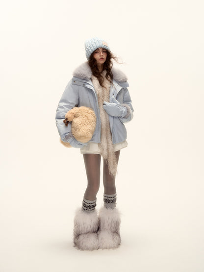 AsGony ASG25502 Detachable fur collar short down jacket