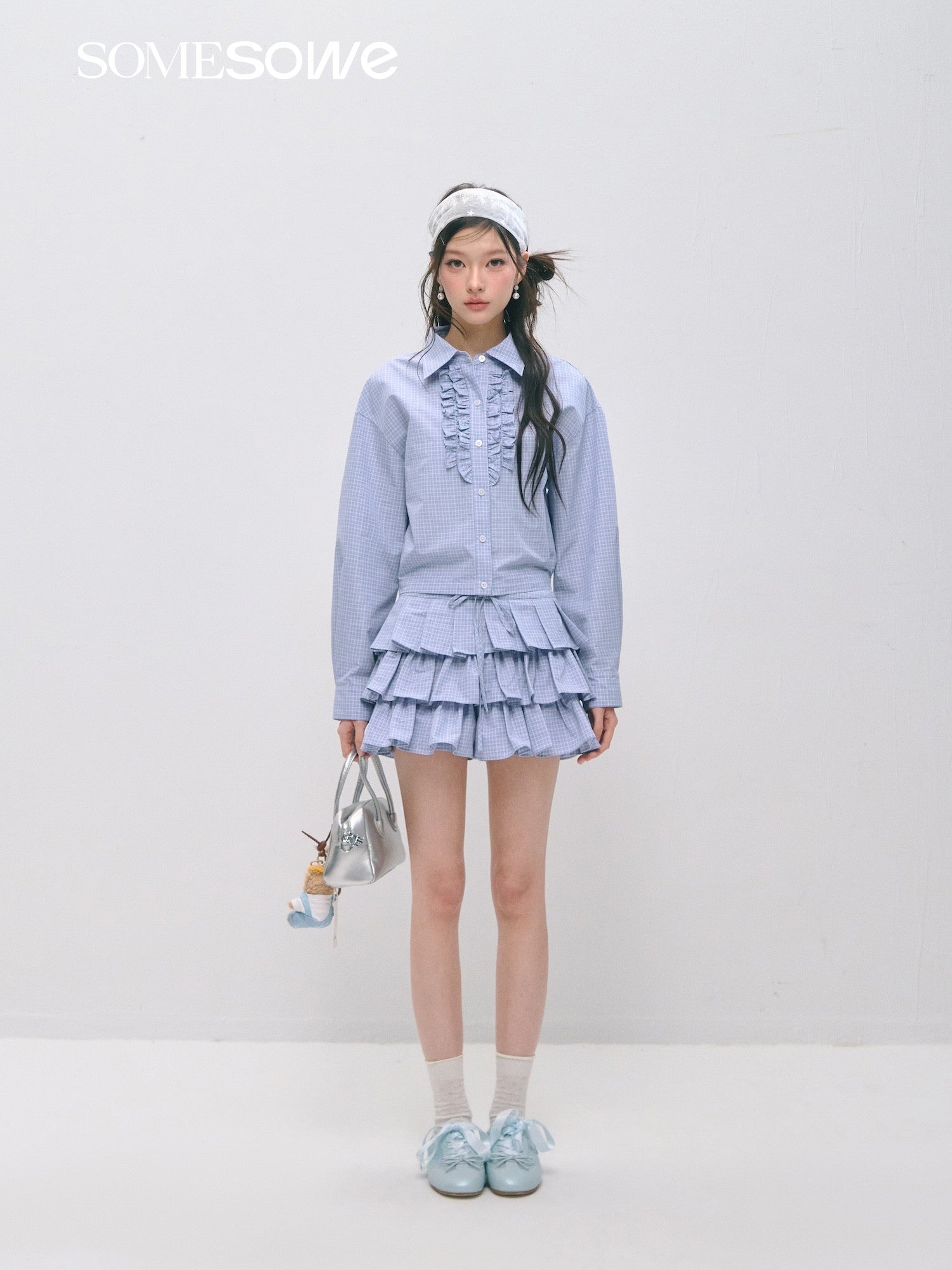 SOMESOWE S2509029&amp;S2509030 Plaid ruffled silhouette short shirt + skirt