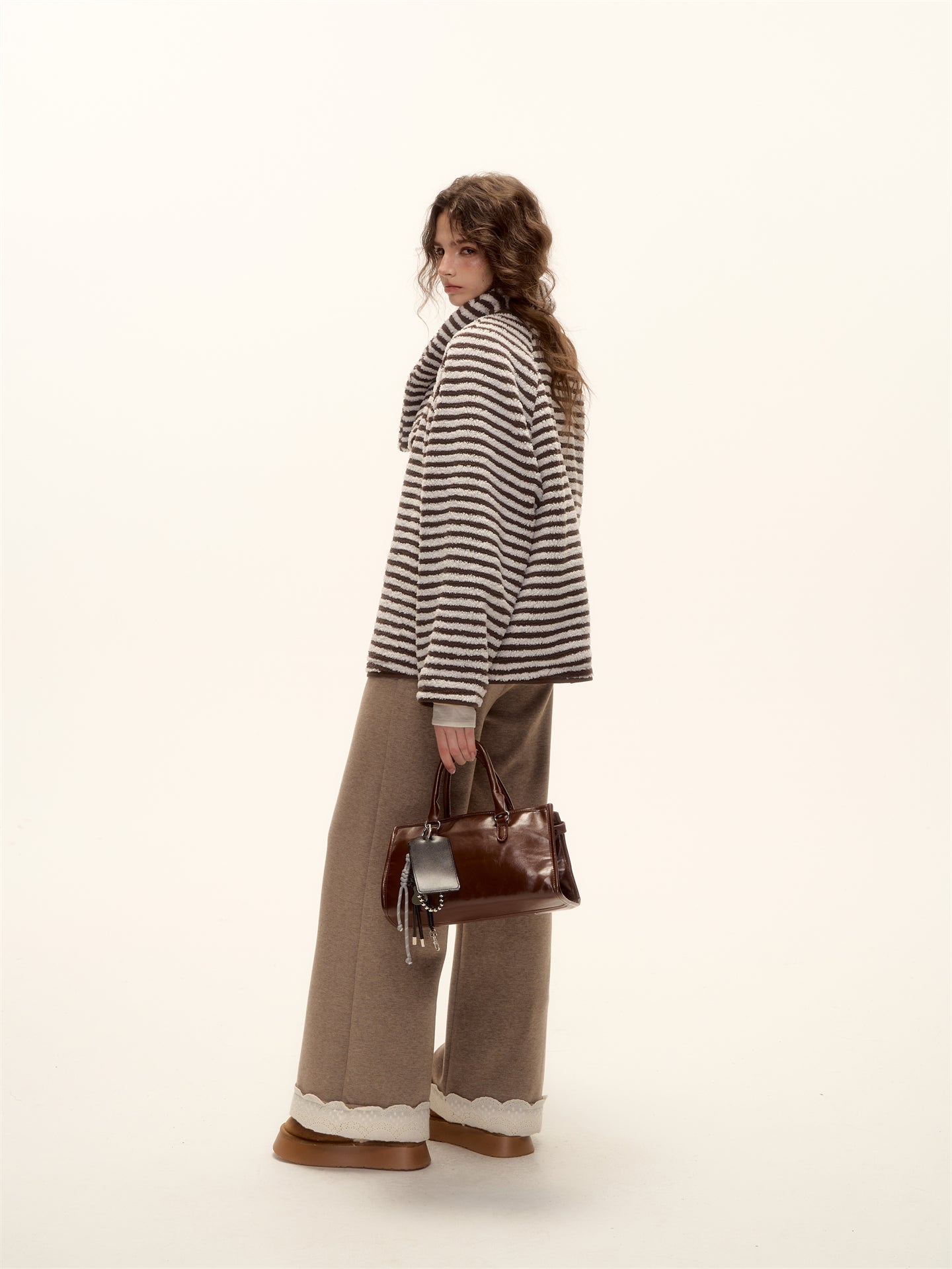 AsGony ASG25458 Double sided striped scarf lamb wool jacket