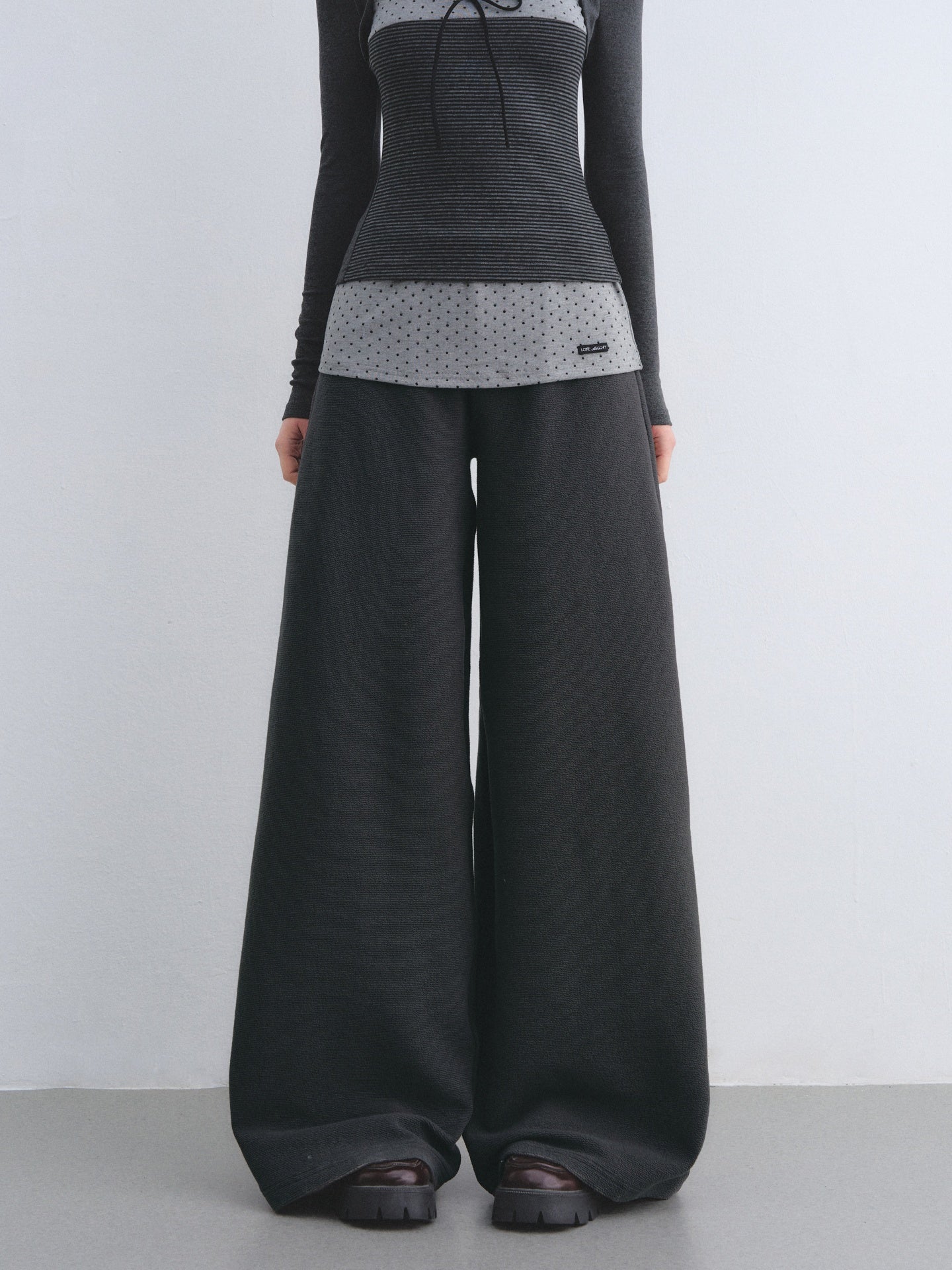 AsGony ASG26032&amp;ASG26033 Color blocked bow polka dot striped patchwork top + pants
