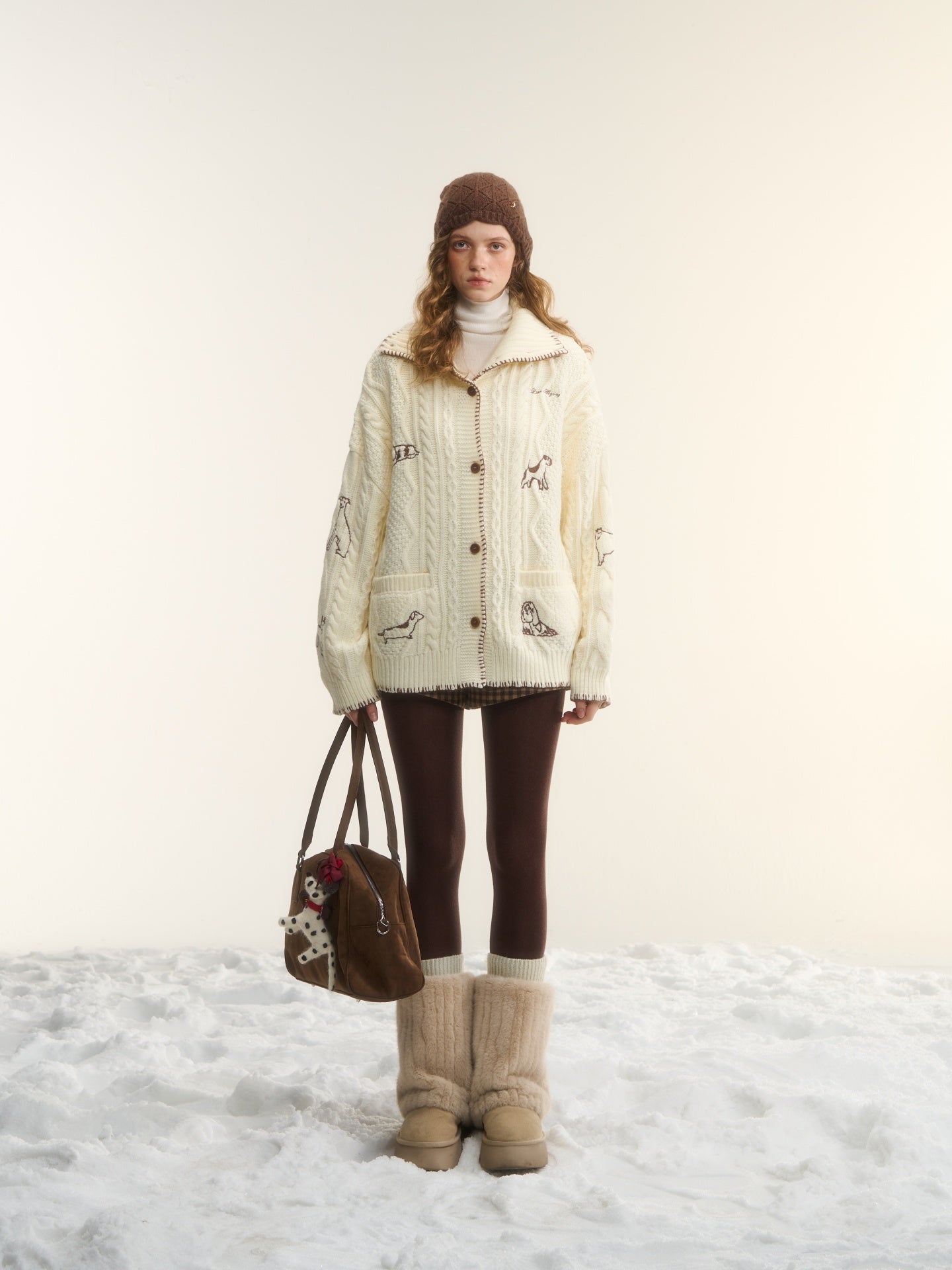 AsGony ASG25557 Wool Embroidered Stand up Collar Twisted Knitted Coat