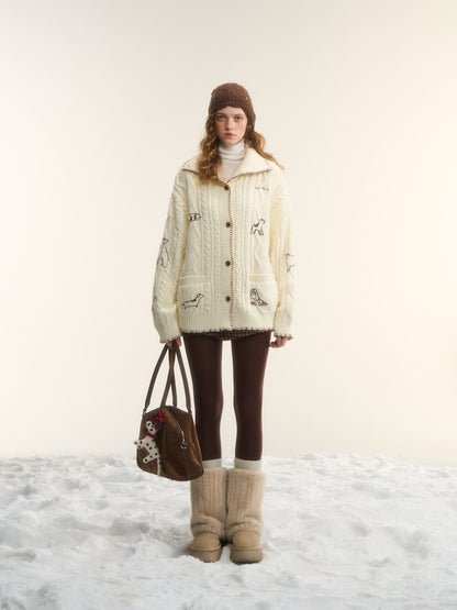 AsGony ASG25557 Wool Embroidered Stand up Collar Twisted Knitted Coat