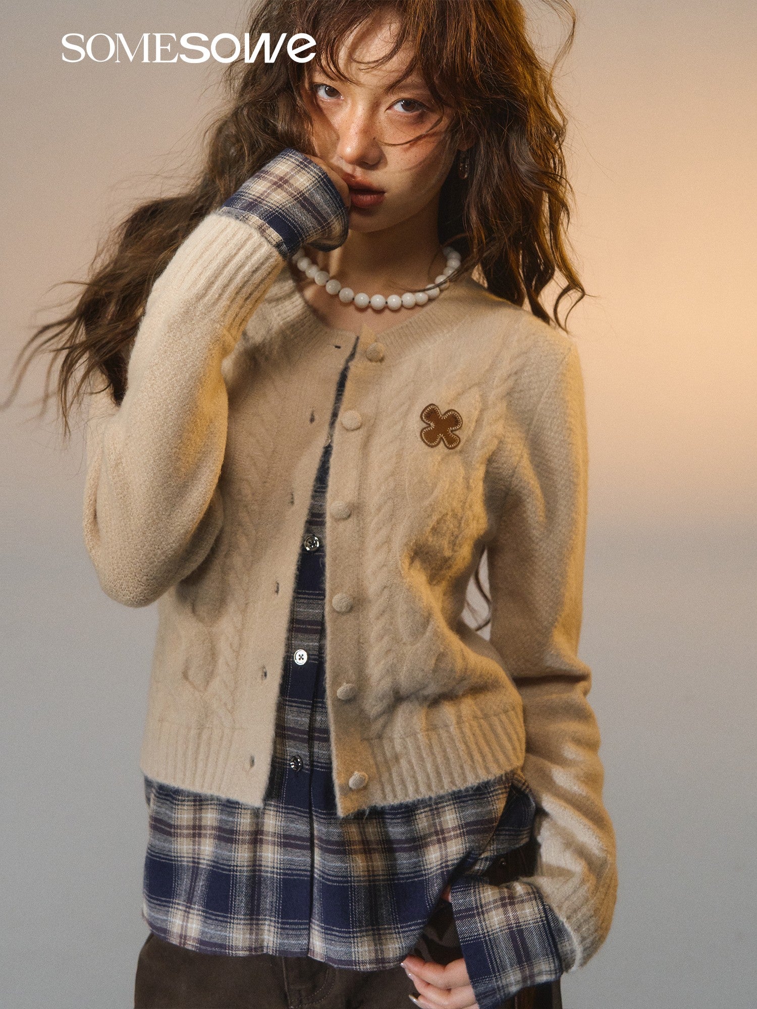 SOMESOWE S2508275 Fake two piece checkered spliced floral cardigan
