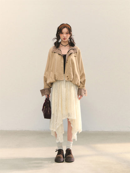 AsGony ASG25349 Grid splicing cocoon shaped windbreaker jacket