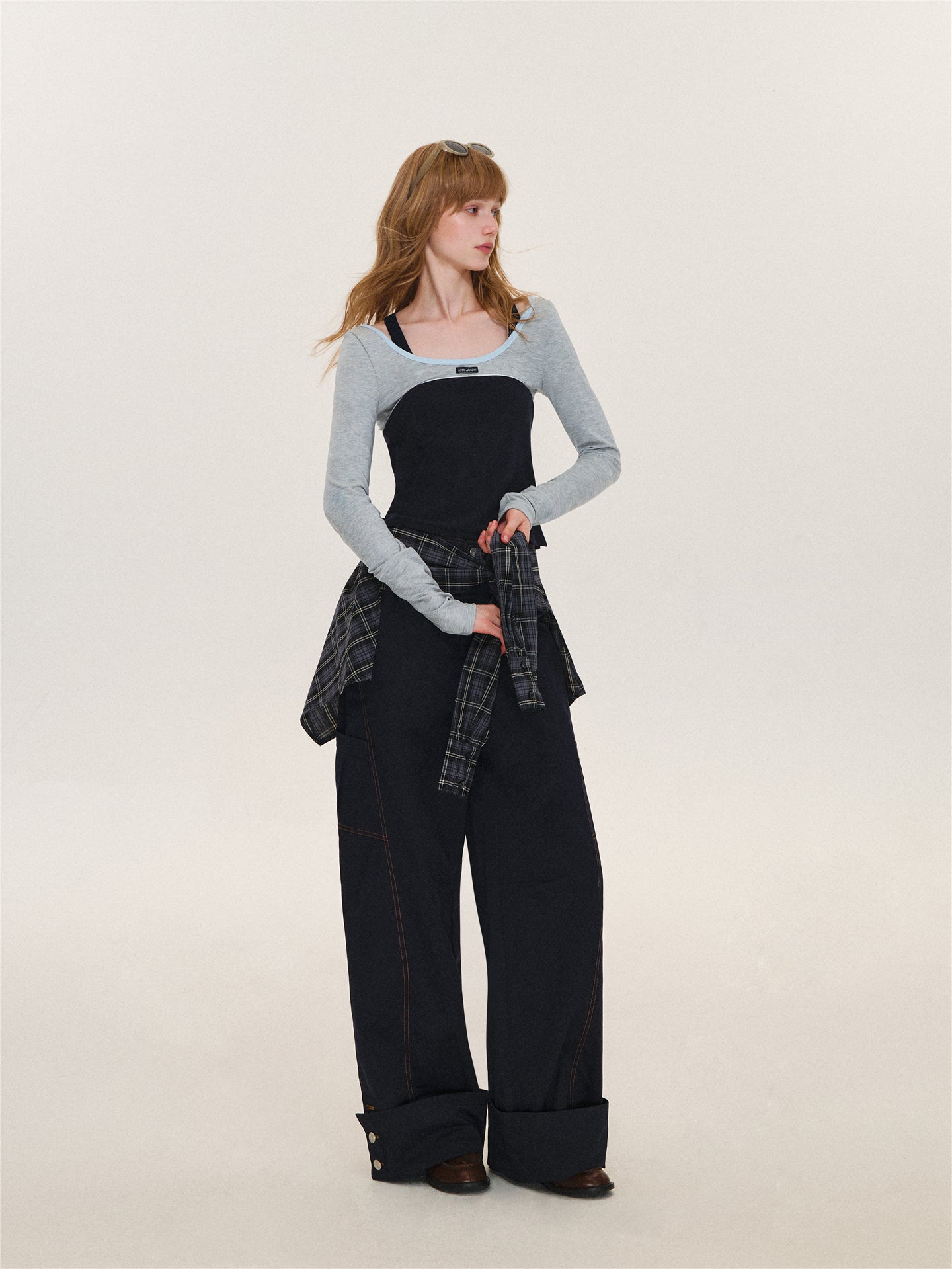 Asgony ASG26580 Relaxed-Fit Plaid Cargo Pants with Overskirt