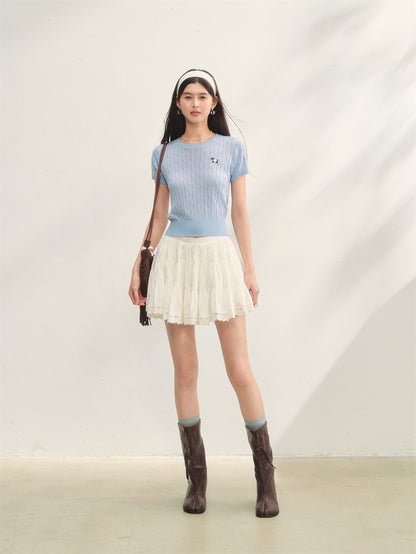 AsGony ASG25296 Skateboarding Dog Embroidery Knitted Short Sleeve Top