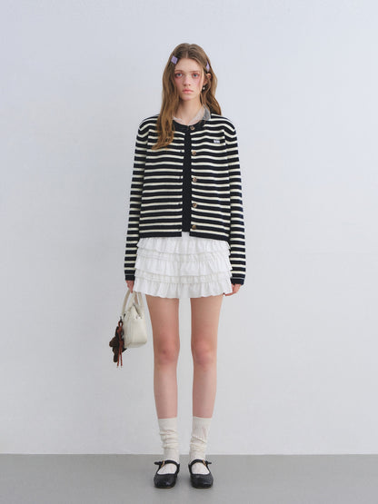 AsGony ASG25678&amp;ASG25672 Wool round neck striped knitted cardigan + skirt set