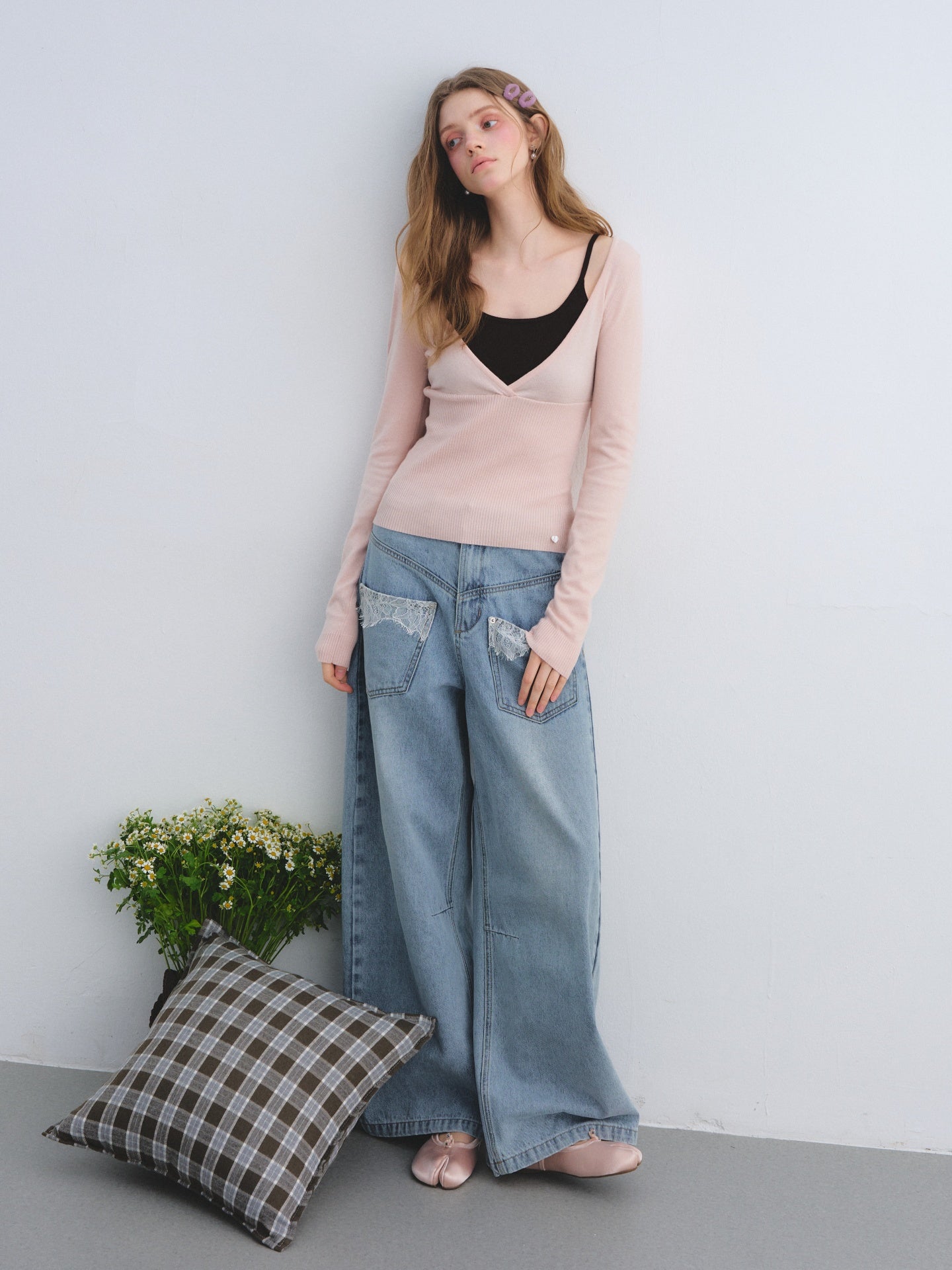 AsGony ASG25655 Wool fake two-piece contrasting splicing knitted top